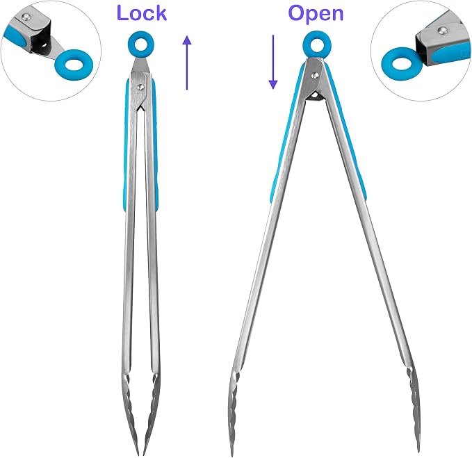 304 Stainless Steel Kitchen Cooking Tongs, 14 & 16 Inch, Set of 2, Blue | Locking Food Tongs with Non-slip Grips and Hanging Loops for Cooking, Grilling, BBQ and Serving, Dishwasher Safe