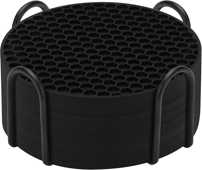 TWTLi 8-Pack Silicone Drink Coasters with Holder, Non-Slip Coaster Set for Coffee Table, Kitchen & Office, Protect Furniture from Water Rings, Heat & Spills, Black