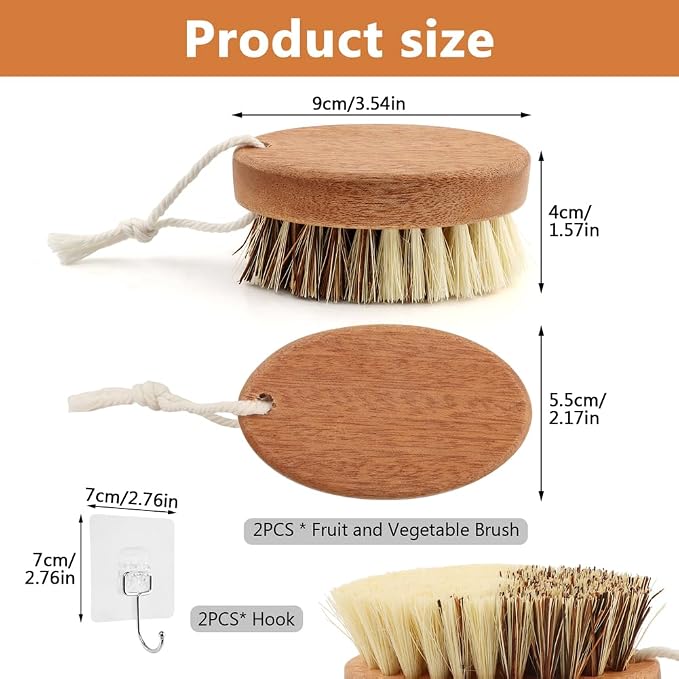 2 Pack Vegetable & Fruit Cleaning Brush Set, Dual Bristle Veggie Brush Potato Scrubber with Hanging Rope & Hooks, Kitchen Vegetable Scrubber for Carrots Fruits Foods(Wood)