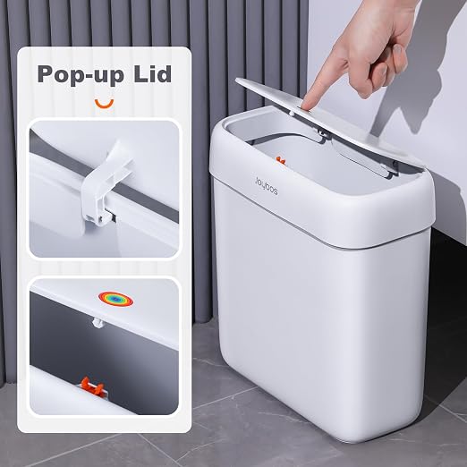 JOYBOS Bathroom Trash Can with Lid, 3 Gallon Small Garbage Can, 10L Dogproof Slim Plastic Narrow Trash Bin with Pop-up Lid for Toilet, Office, Bedroom, Living Room, White