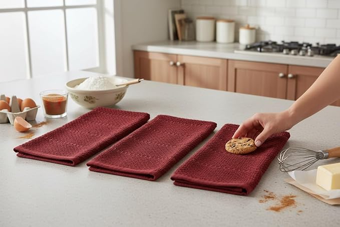 Dark Red Brick Kitchen Hand Dish Towels, Set of 3, 100% Cotton, 18" x 28" | Terry Loop Textured, Soft & Absorbent Cleaning Cloth, Quick Dry, Multipurpose for Everyday Use