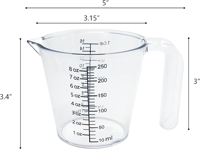 1 Cup Liquid Measuring Cup with Ounces, Food-Grade Plastic Measuring Cup with Permanent Laser-Etched Markings, Clear Single Measuring Cup