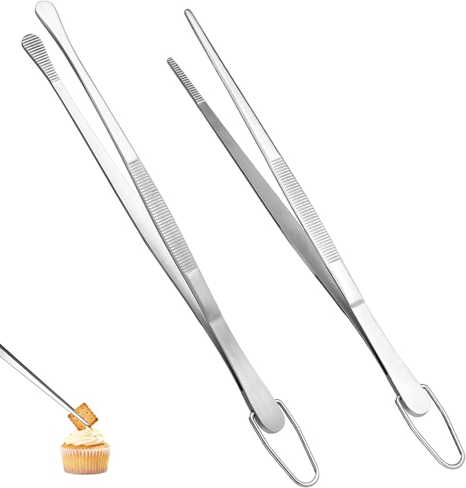 U-Taste Kitchen Cooking Tweezers, 18/8 Stainless Steel Tongs Set of 2, 8in | Food-Grade Metal Food Tongs Set, Seamless-Welding, Long Professional Chef Tweezer for Plating Serving Grilling Frying Feeding