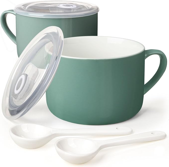Soup Bowls with Handles & Spoons, 30oz Ceramic Ramen Bowl with Lid, Large Soup Mugs/Cups for Instant Noodle, Big Cereal Bowls for Oatmeal, Soup Containers with Lids, Set of 2, Teal Blue