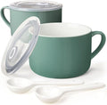 Soup Bowls with Handles & Spoons, 30oz Ceramic Ramen Bowl with Lid, Large Soup Mugs/Cups for Instant Noodle, Big Cereal Bowls for Oatmeal, Soup Containers with Lids, Set of 2, Teal Blue