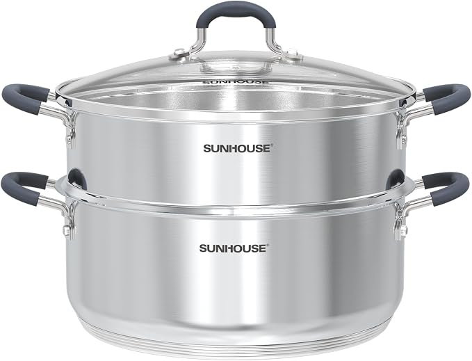 SUNHOUSE 6.3 QT Stainless Steel Steamer Pot for Cooking with Glass Lid | 2-Tier Vegetable & Dumpling Food Steamer Basket - Stovetop Ollas Vaporeras with Stay-Cool Handles - Tri-Ply Induction Base
