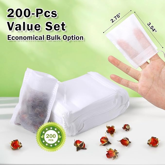 200Pcs Disposable Tea Bags for Loose Leaf Tea, Empty Tea Filter Bags for Cooking, Infuser Sachets for Spice, Coffee, Herb and More (3.54x2.75 Inch)