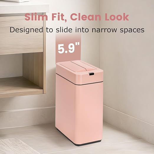 SYNCVIBE Slim Bathroom Trash Can, 2.6 Gallon, Butterfly Sensor Lid, Pink | Stainless Steel Garbage Can, Automatic Trash Bin, IPX5 Waterproof Wastebasket for Under Counter and Small Spaces