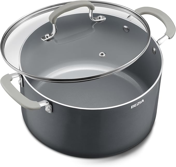 BEZIA 10QT Non Stick Stock Pot with Lid, Ceramic Large Cooking Pot for Soup | Stay-Cool Silicone Handles, Oven Safe & Easy Cleanup, for All Stovetops, for Big-batch Pasta Sauce, Multi-portion Curries