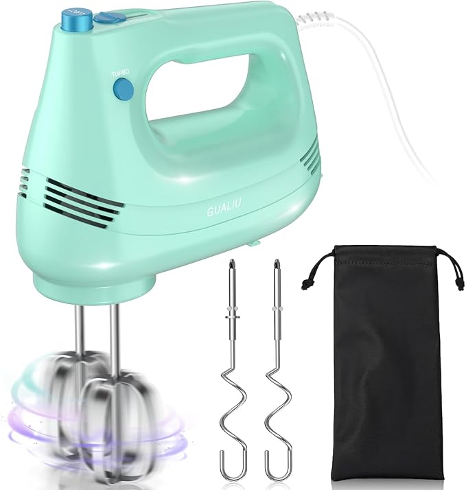 GUALIU Electric Hand Mixer, 304*(2* Beaters, 2* Dough Hooks), (1* Storage Bag) Handheld Mixer for Baking Cakes, Eggs, Cream Food Mixers, Turbo Boost /5 Speed Kitchen Blender GREEN