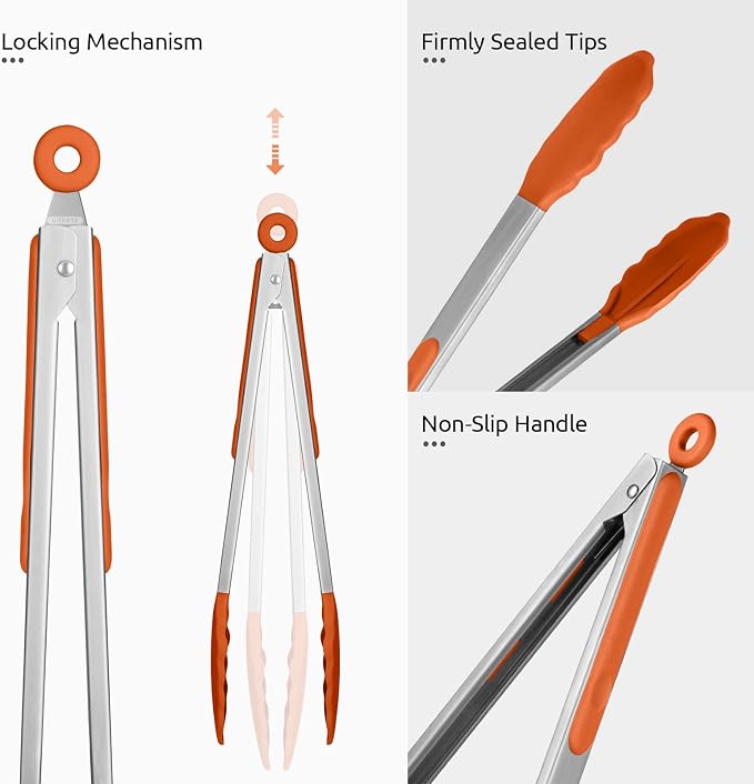 U-Taste Kitchen Tongs for Cooking, 600ºF Heat-Resistant Tps, 2Pcs/Orange | Silicone Tong Set 9/12in, Salad/Grill/BBQ Plastic Tong for Food Serving, Rubber Tipped Tong with 18/8 Stainless Steel Handle