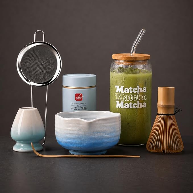 BARISTA EMPEROR® PREMIUM 8pcs MATCHA WHISK SET - Professional Matcha Kit Set with Matcha Bowl, Matcha Whisk, Matcha Glass, Glass Straw, Storage Container, Sifter, Scoop - Aesthetic Matcha Set Kit