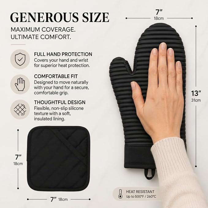 Extra Long Silicone Oven Mitts and Pot Holders Sets | Heat Resistant 500°F BPA-Free Food Grade Silicone Hot Pads & Kitchen Mittens | 4-Piece Set of Oven Gloves & Potholders for Kitchens.