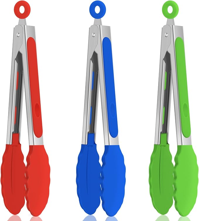 Small Cooking Tongs 7 inch Mini Serving Tongs with Silicone Tips, Set of 3 (Red + Green + Blue)