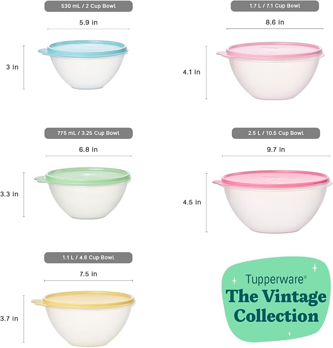 Tupperware Wonderlier 10-Piece Vintage Pastel Set (5 Bowls + 5 Lids) | Plastic Food Storage Mixing Bowl with Secure Lids, BPA Free Materials, & Dishwasher-Safe for Kitchen Storage or Meal Prep