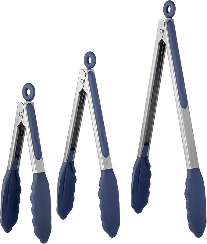 U-Taste Kitchen Tongs for Cooking, 600ºF Heat-Resistant, 3Pcs/Midnight Blue | Silicone Tong Set 7/9/12in, Salad/Grill/BBQ Plastic Tongs for Food Serving, Rubber Thong with 18/8 Stainless Steel Handle