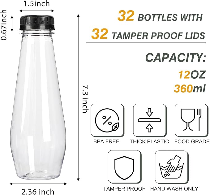 32pcs 12oz Cone Juice Bottles with Caps, Sticker Labels, Brush | Empty Plastic Juicing Bottles with Caps, Reusable Clear Bulk Beverage Containers for Juicing, Drinkings, Milkshake, Tea
