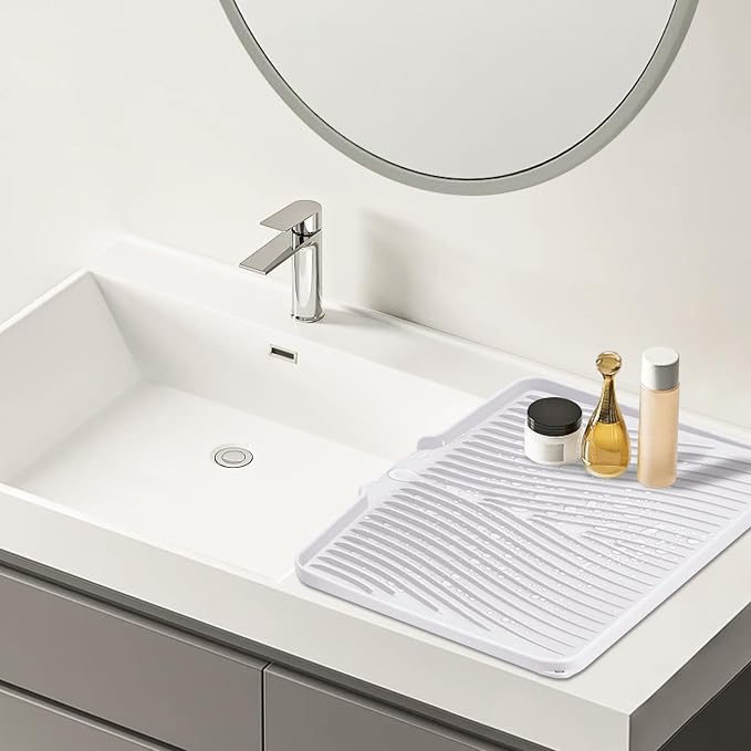TIKNIK Silicone Dish Drying Mat for Kitchen Counter, White-2pcs, 20" x 15" | Heat Resistant & Non-Slip Dish Drain Pad with Built-In Drain, Dishwasher Safe, Quick-Dry, Hangable & Roll-Up for Storage