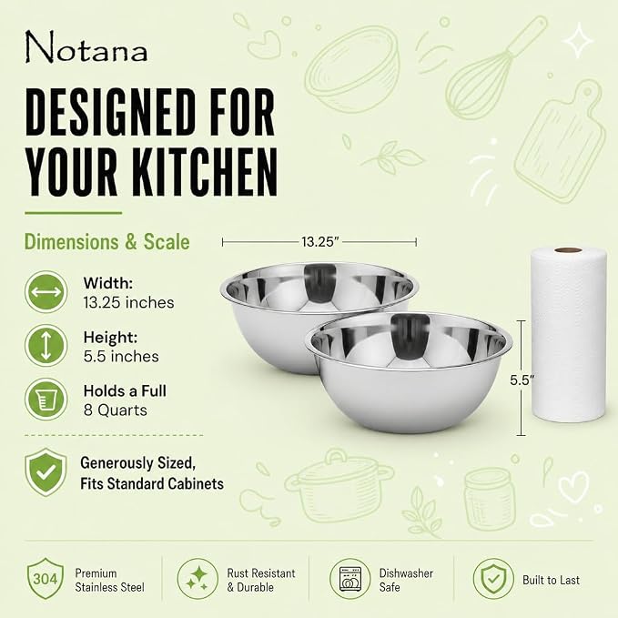 Large Stainless Steel Mixing Bowl 8 Quart - Extra Large Metal Mixing Bowl for Baking, Bread Dough, Salad - Deep Stainless Bowl - Commercial Kitchen Basin - Meal Prep - Stainless Steel- 2 Pack