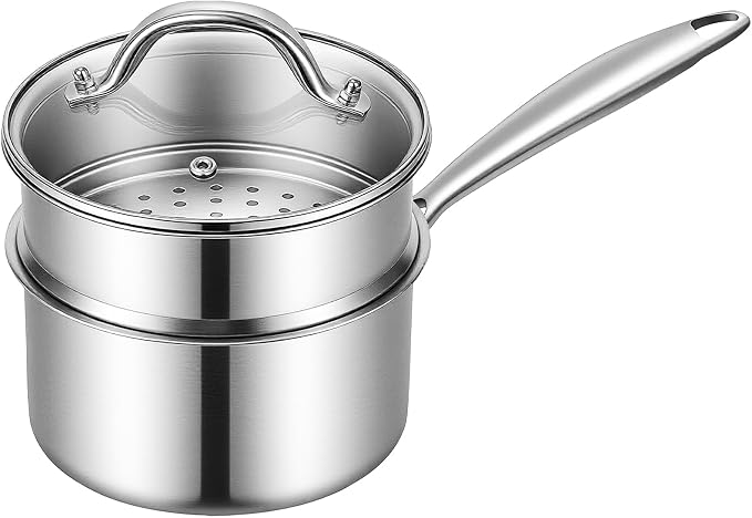 Ohtomber 3 Qt Tri-Ply Stainless Steel Saucepan with Steamer Basket & Lid | Nonstick, Saucepan with Stay-Cool Handle, Induction Safe, Medium Cooking Pot, Ideal for Vegetables, Oatmeal, Daily Steaming