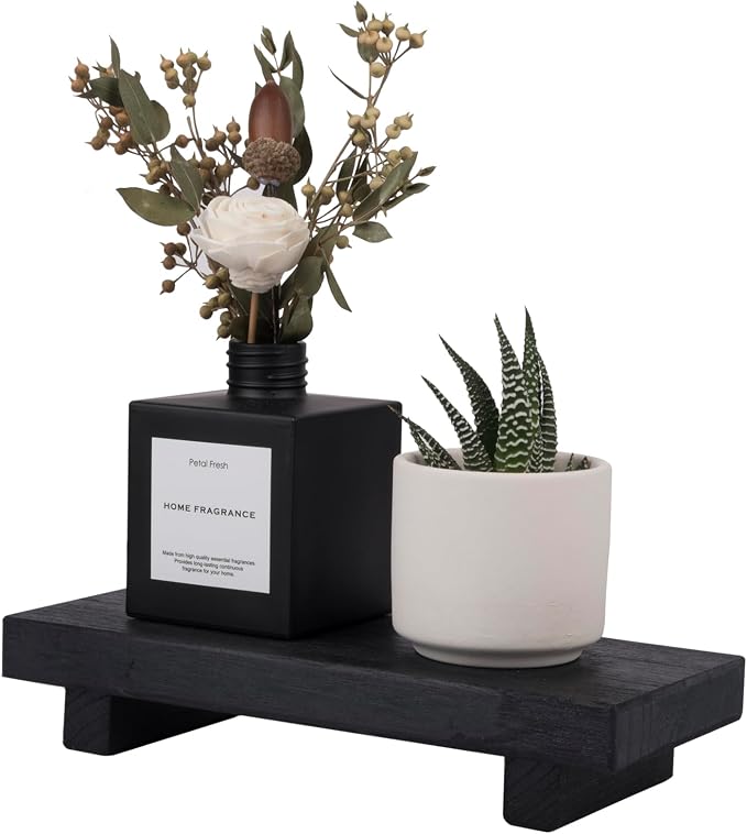 Wood Bathroom Tray Farmhouse Decor Kitchen Soap Holder, 8.7" x 3.6" Black | Waterproof, Lightweight, Easy Clean, Small Wooden Riser Pedestal Stand Accessories for Office Desk, Vanity, Counter, Sink