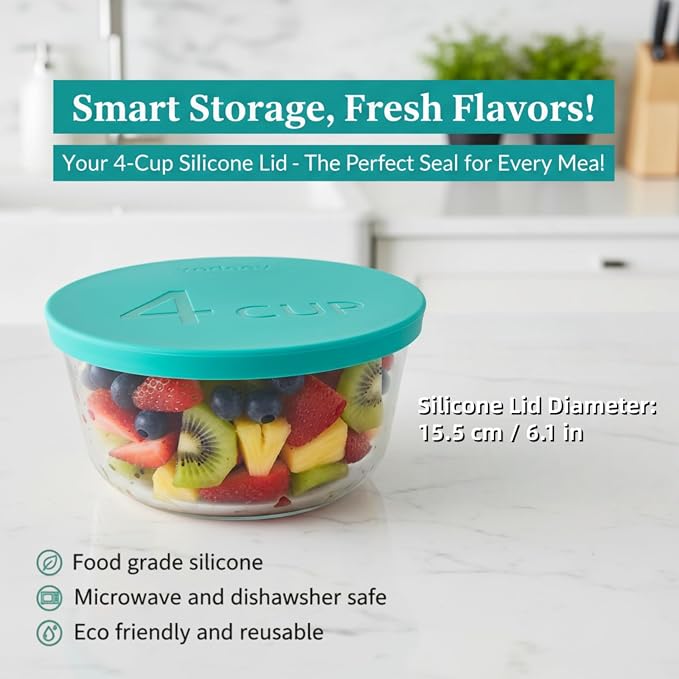 Yodecy Silicone Bowl Lids fit Pyrex Glass Bowls 7201-PC 4 Cup, Yodecy Silicone Bowl Lids fit Anchor Hocking Glass Bowls 7201-PC 4 Cup,Replacement Lids(2 Pack Blue-green)