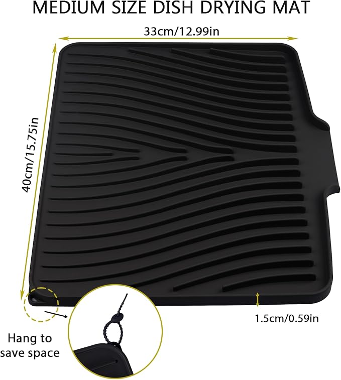 Silicone Dish Drying Mat for Kitchen Counter, Black-1pcs, 16" x 13" | Heat Resistant & Non-Slip Dish Drain Pad with Built-In Drain, Dishwasher Safe, Quick-Dry, Hangable & Roll-Up for Storage