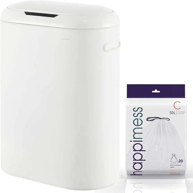 happimess 13.2 Gal Oval Motion Sensor Trash Can, Cotton White | Oval, Motion Sensor, Touch Mode, Soft Close Lid, Powder Coated Iron, 17.7" W x 9.84" D x 24.2" H