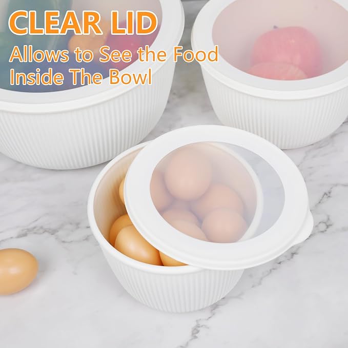BoxedHome Plastic Mixing Bowls with Lids Set,4.97QT Large Capacity Deep Nesting Bowl,8 Pieces Set BPA-Free Prep Bowls,Dishwasher & Microwave Safe,Beige