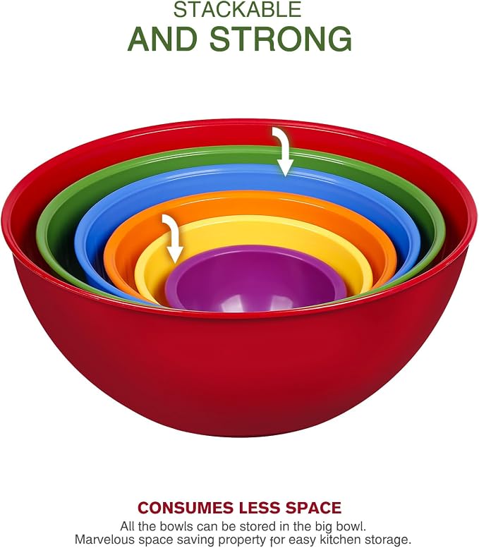 Greentainer Plastic Mixing Bowls with Lids Set for Kitchen, 6 Set Nesting Bowls for Mixing, Baking, Prepping, Cooking and Serving Food, Mixing Bowls Dishwasher, Microwave Safe