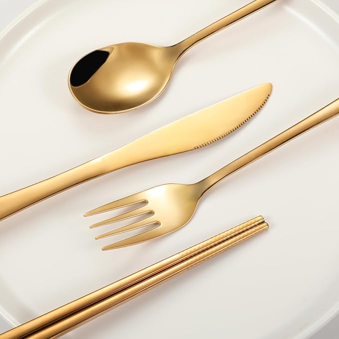 iNKULEER Travel cutlery set, 18/8 stainless steel cutlery, Reusable utensils set with case, Portable Silverware Lunch Box for Camping and Office (Rose Gold/knife set)