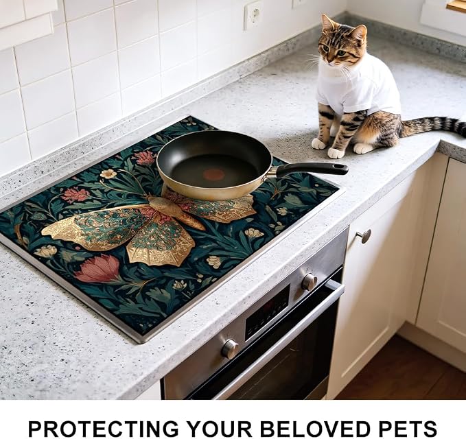 Vintage Butterfly Stove Top Cover for Electric Stove, 28x20 in | Heat-resistant non-slip mat holds hot cookware; glass cooktop protector, dish drying; boho floral botanical kitchen decor