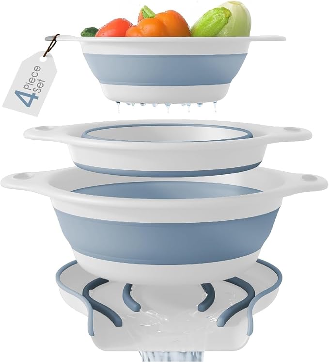 Gevoli Collapsible Colanders (3 Pack Set) Food Strainers with Over-Sink Water Draining Base for Pasta Fruits and Vegetables, White/Blue (3 Sizes, 3QT, 4QT and 5 Quart)