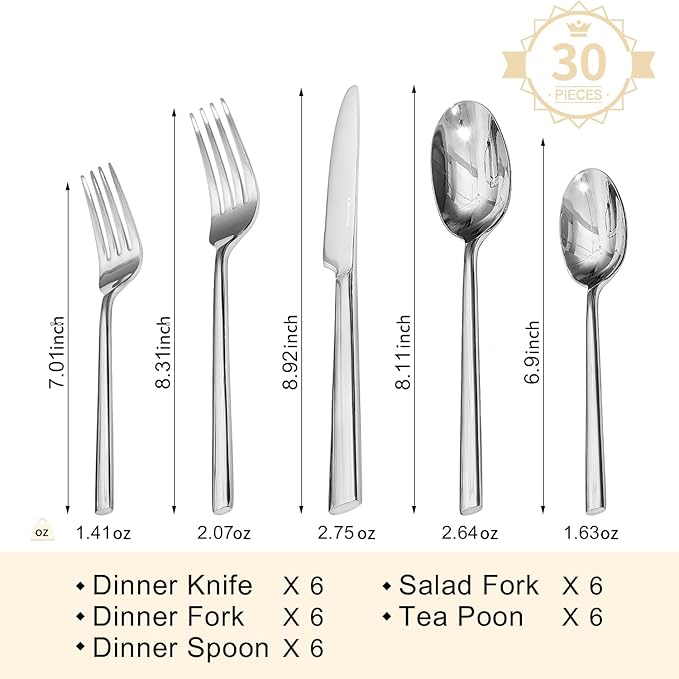 Silverware Set, 30-Piece Forged Flatware Set Cutlery Set Premium Stainless Steel, Service for 6, for Kitchen, Home, Wedding, Party, Mirror Polished and Dishwasher Safe