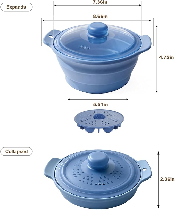 42oz Silicone Microwave Food Steamer with Steam Basket, Collapsible Steamer for Cooking Vegetable, Seafood, Dumplings, Rice Cooker, BPA Free Steam Pot with Handle & Lid, Dishwasher Safe (Dark Blue)