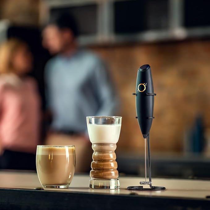 Milk Frother Handheld with Stand, Coffee Mixer, Matte Black Onyx | Battery 19000 RPM whisk, stainless steel stand & recipe book, lattes cappuccino matcha, foam maker, portable coffee accessory