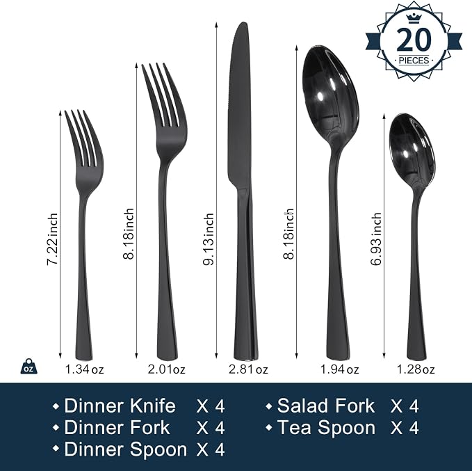 18/10 Flatware set for 4, 20 Piece Black Stainless Steel Silverware Set | KINGSTONE Forged Flatware Cutlery Set, Mirror Polished Knives Fork and Spoon Utensils, Dishwaher Safe for Home Wedding Party
