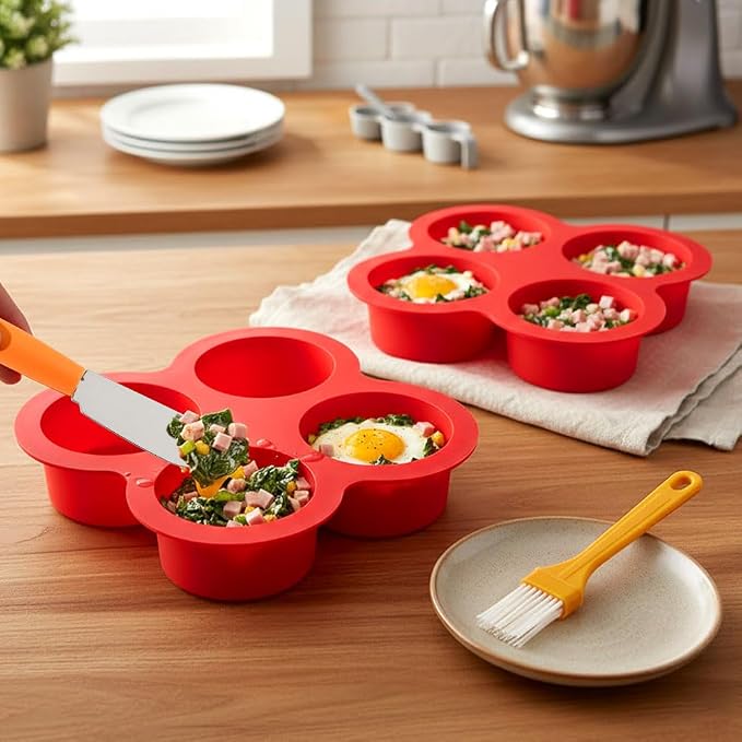 2 Pack Silicone Egg Bite Molds with 1 Spatula & 1 Brush, 4 Cups Silicone Air Fryer Baking Pan Non-Stick for Egg Bites, Cupcake, Tart, Frittata, Quiche, Muffins, Cornbread