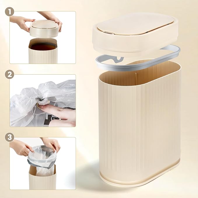 ELPHECO Bathroom Trash Can with Lid,Slim Smart Garbage Can 2 Gallon Beige | Plastic Wastebasket, Narrow Garbage Bin, Waterproof Bathroom Decor for Bedroom