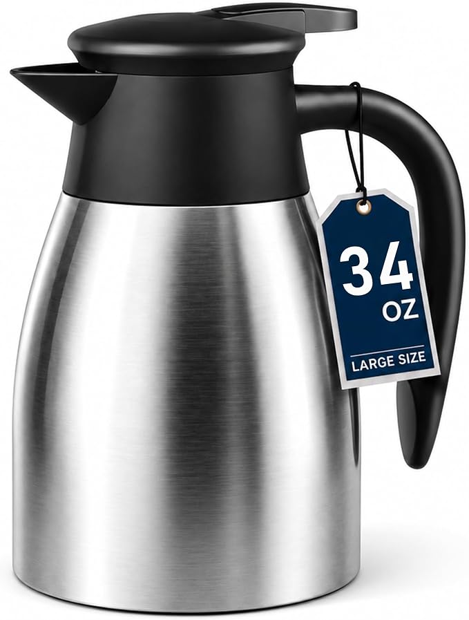 Thermal Coffee Carafe for Keeping Hot – 34OZ Insulated Small Coffee Pot | 304 Stainless Steel Coffee Flask, Tea Pitcher for Hot Drinks Liquid Water, Insulated Beverage Dispenser for Parties