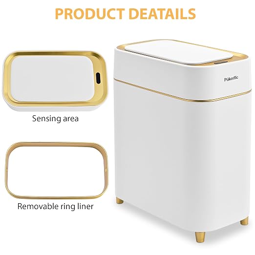 Pukomc Automatic Small Sensor Trash Can with Touchless Lid | 2.3 Gallon / 9L Smart Garbage Can, Quiet Close White Gold Waste Bin - Perfect for Kitchen, Living Room & Small Spaces