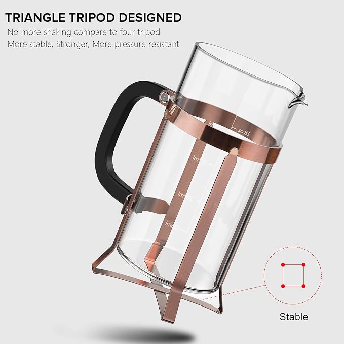 QUQIYSO French Press Coffee Maker, Borosilicate Glass Coffee Press | Thickened Glass Stainless Steel Coffee French Press,Easy to Clean,4 Filter Suitable for Kitche Camping Gifts (21oz, Copper)
