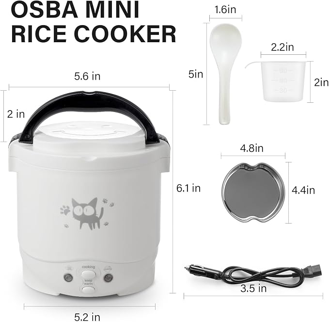 OSBA 12V Rice Cooker for Car 1L Mini Rice Cooker with Steamer, White | 2Cup Portable Travel Rice Cooker for 1-2 People, Cooking Heating & Auto Keeping Warm Function, Used as an Electric Lunch Box