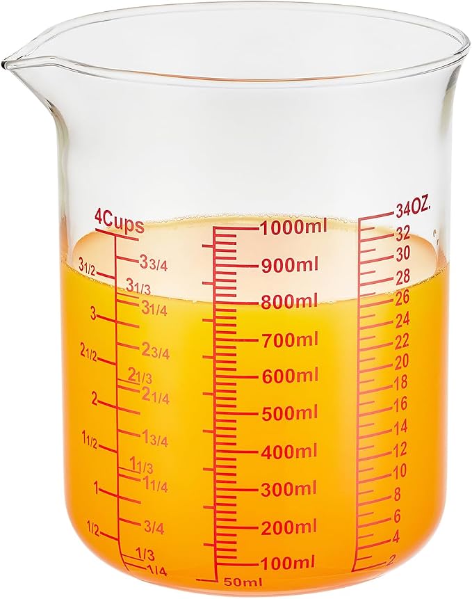 High Borosilicate Glass Measuring Cup-V-Shaped Spout，Glass Measuring Beaker for Kitchen or Restaurant, Easy to Read, 1000 ML (32 Oz, 4Cup)