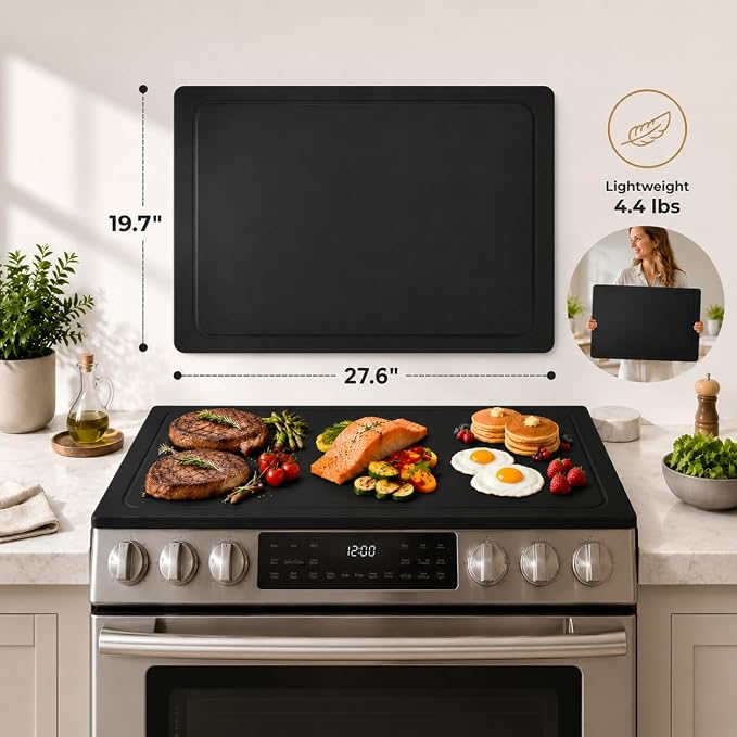 Wooden Noodle Board Stove Cover for Electric Stove & Gas Range, 27.56 x 19.69 In, Lightweight Stovetop Cover with Built-In Handles, Juice Groove & Smooth Flat Top for Extra Counter Space