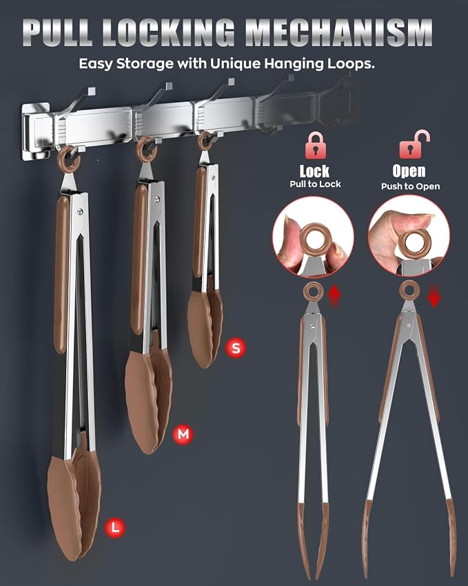 Good Grip Cooking Tongs with Silicone Tips, Set of 3-7" 9" and 12" | 600ºF Heat Resistant, 5-Layer Heavy Duty Stainless Steel, Pull Lock, Non Stick - Kitchen Tongs for Salad, Cooking and Frying
