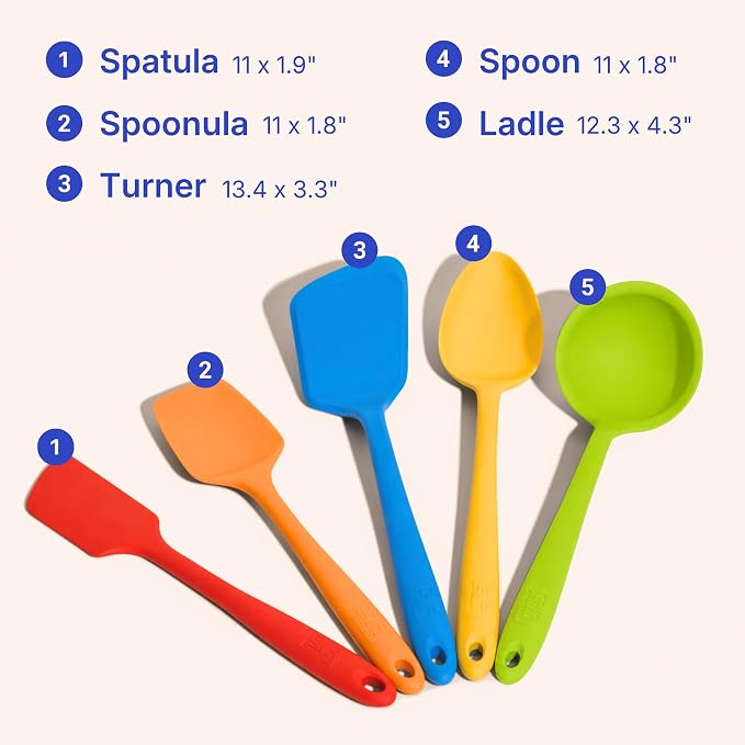 GIR 5-Piece Silicone Kitchen Utensils Set, Non-Toxic Cooking Utensils for Cooking and Baking, Heat Resistant, Food Grade, Dishwasher Safe Rubber Spatula, Ladle, Spoon - Rainbow
