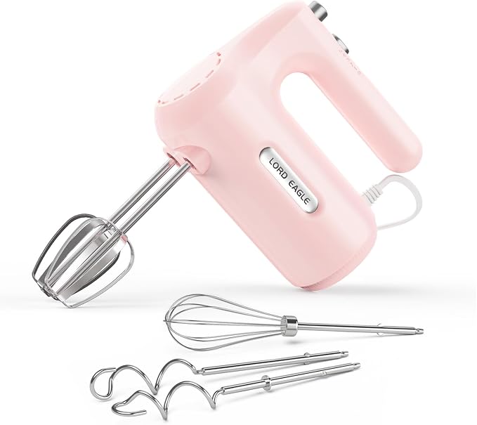 Lord Eagle 5-Speed Small Hand Mixer Electric, 300W Compact Portable, Pink | Handheld Kitchen Mixer Egg Beater with 5 Attachments & Storage Bag, Cake Supplies for Bread Dough Baking, Lightweight