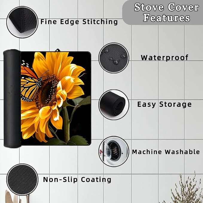 Sunflower Butterfly Glass Stove Top Cover Protector Retro Floral Plant Glass Cooktop Protector,Inspirational Quotes Cooktop Mat Electric Stove Cover Vintage Kitchen Decor