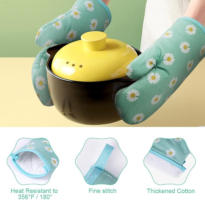 AUAUY Oven Mitts and Potholders, BBQ Gloves Heat Resistant, Daisy-Green | 1 Pair Oven Mitts + 2 Pot Holders, Cotton Non-Slip Cooking Gloves Home Essentials for Cooking Baking Kitchen Microwave Pizza